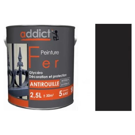 Peinture fer noir mat ultra-résistante pour métal – Antirouille – Application facile – Séchage rapide – 10-12 m² par litre – Addict