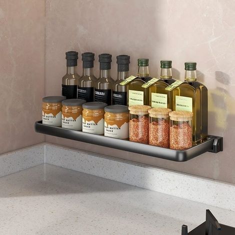 Küchenregal, Gewürzaufbewahrung, klappbar, 41,5×15×6,5 cm – Küchenaufbewahrung ohne Bohren, für Gewürze, multifunktional – Schwarz