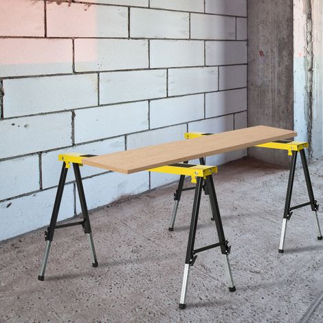 Lot de 2 Tréteaux de Sciage Pliants Antidérapants en Acier Jaune et Noir 100x49x62-90 cm Capacité 100 kg (1/5)