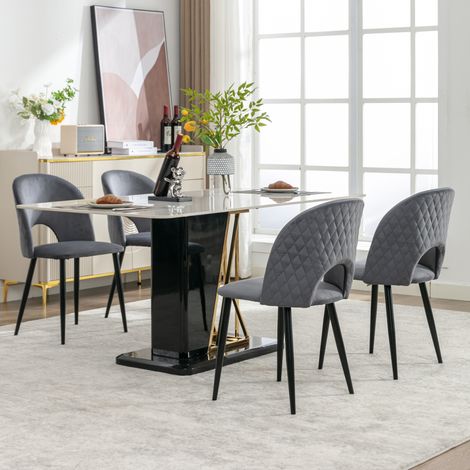 4x Chaises de Salle à Manger Design, Fauteuil Velours Gris avec Dossier Diamant, Piètement Métal Réglable