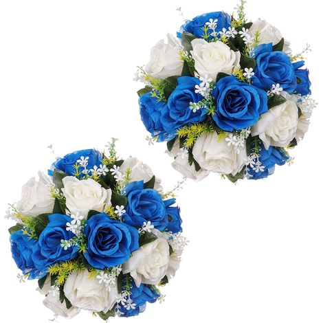 Lot de 2 fleurs artificielles (bleues et blanches) pour table de mariage, allée, décoration intérieure, roses artificielles, fleurs décoratives pour vitrine. (1/2)