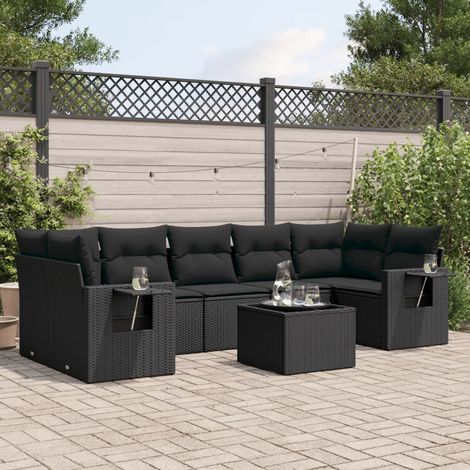 Salon de jardin 8 pcs avec coussins noir résine tressée (1/5)