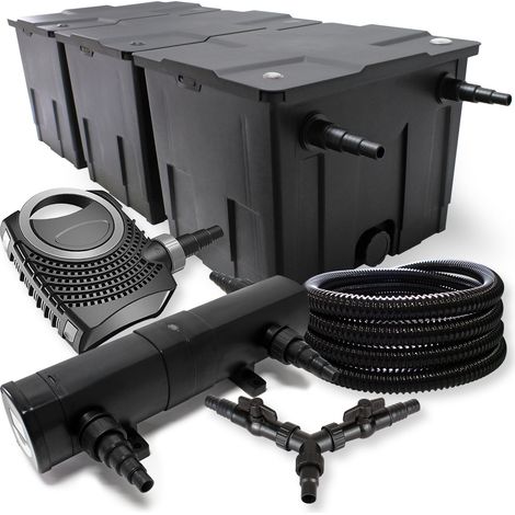 SunSun Komplettset: CBF-350C Teichfilter bis 90000 L Teichfilteranlage Durchlauffilter, NEO10000 Teichpumpe 10000l/h 80W, CUV-236 Teichklärer UVC Klärer mit 36W, 25m Teichschlauch 25 mm, Y-Verteiler