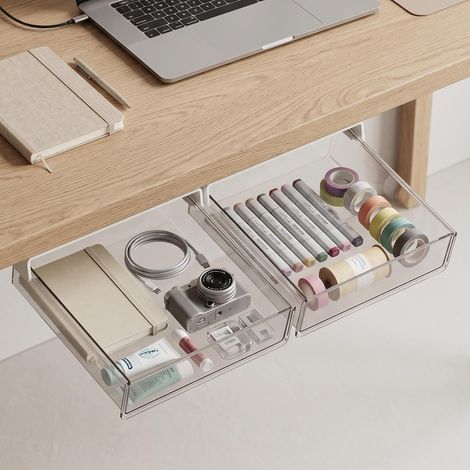 2 Pièces Tiroir Sous Bureau Adhésif Transparent Sans Perçage, Grand (1/5)