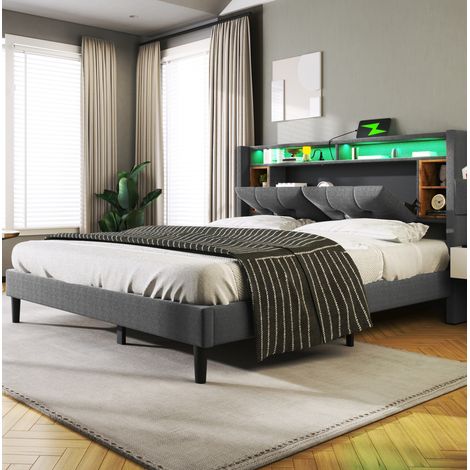Cama tapizada moderna 160x200 cm gris, madera maciza y metal, cabecero con almacenaje, USB, enchufes, LED y somier de láminas