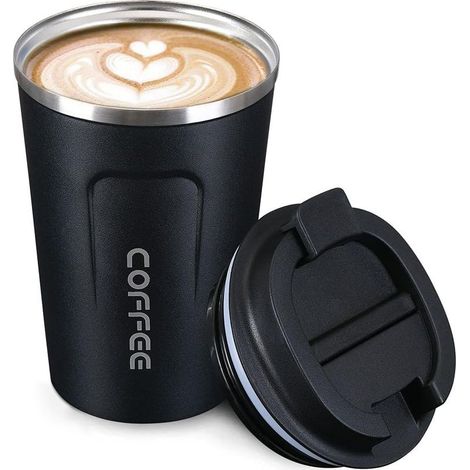 Mug Isotherme - Tasse Isotherme - Mug Isotherme Café - Thermos Café - Mugs avec Couvercle Noirs - avec une Capacité de 380 ml (1/5)