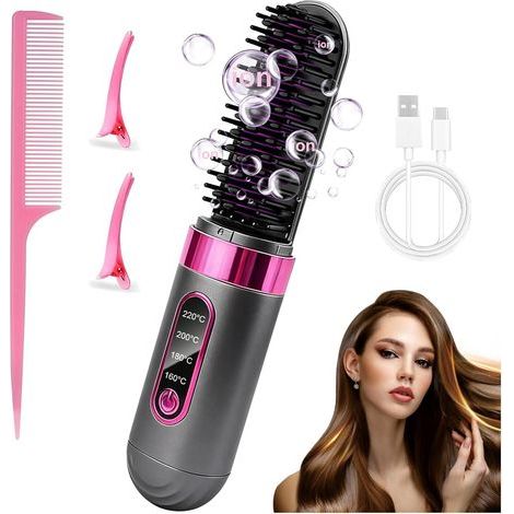 Brosse lissante sans fil 4 en 1, brosse chauffante pour cheveux courts, 3 réglages, céramique anti-brûlure, affichage LED de la température, pour un coiffage quotidien lisse (Gris) (1/5)