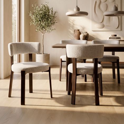 Lot de 4 chaises style japandi tissu chenille beige pieds métal effet noyer - ZOE (1/4)