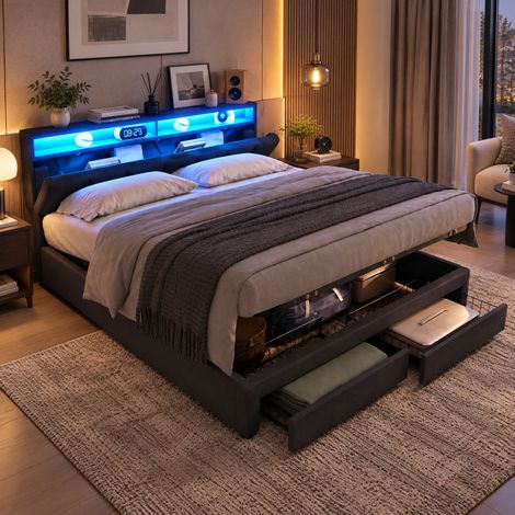 JOOKGBD-Lit Coffre 180x200 cm avec éclairage LED,Lit Double rembourré 180x200 cm avec Rangement Hydraulique et Tiroirs,lit adolescent,Lit avec Sommier à lattes,Lits multifonctionnels,Lin,Gris