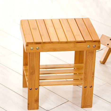 Tabouret Bas en Bamboo Naturel avec Etagère de Rangement pour Enfants et Adultes