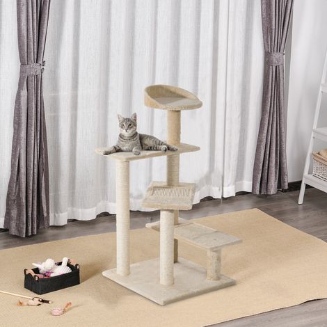 Mehrstufiger Katzenkratzbaum mit Sisal-Kratzstamm, Plattformen und Plüschhaus, Beige, 50 x 50 x 100 cm