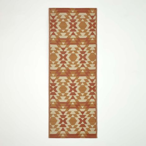 HOMESCAPES Luxury Outdoor Rug Runner, Orange Anya Aztec, 75 x 200 cm
