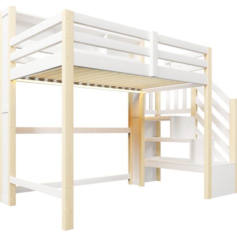 Kinder-Hochbett 90 x 200 cm mit LED, Stauraumtreppe, weiß und natur (1/5)