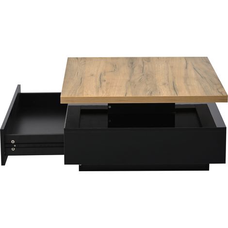 Table d'appoint carrée avec plateau 360° pivotant en panneaux de particules, finition noyer et noir brillant, rangement intégré (1/5)