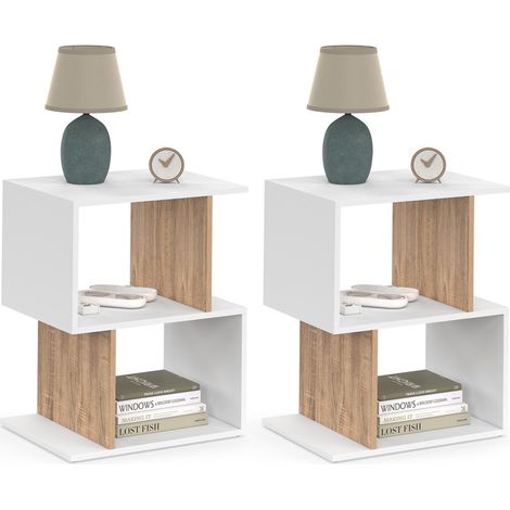 Lot de 2 tables de chevet SOFIA forme S avec rangements ouverts blanc et effet hêtre (1/5)