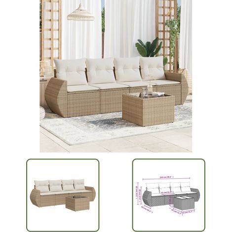 The Living Store Salon de jardin avec coussins 5 pcs beige résine tressée - Ensemble Salon Jardin - Mobilier De Jardin - Salon Exterieur - Canapé Jardin - Set Salon