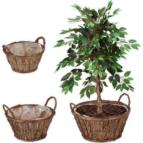 Relaxdays Set da 3 Vasi per Fiori, Fioriere in Legno con Corteccia e Rivestimento, per Interni, 3 Grandezze, Naturale