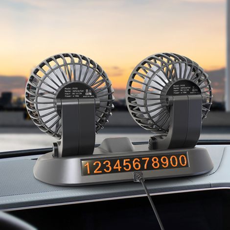 Ventilateur voiture double tête – 12V/24V/USB, puissant, modèle F410 – Bureau, dortoir, voiture – Panneau stationnement inclus
