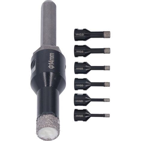 Lot de 7 forets diamantés brasés de 6 à 14 mm M14 avec tige pour céramique, marbre et granit (noir). (1/5)