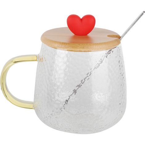 Tasse mignonne en verre borosilicate de haute qualité (400 ml), résistante à la chaleur, avec cuillère en acier inoxydable et couvercle en bambou (Love) (1/5)