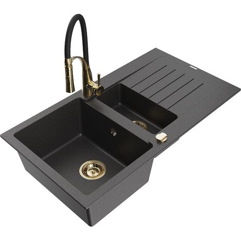 Mexen Matias 1,5-Schalen Granitspüle mit Abtropffläche und Küchenarmatur Aster, schwarz gesprenkelt - 6502-76-73450-57-G (1/5)