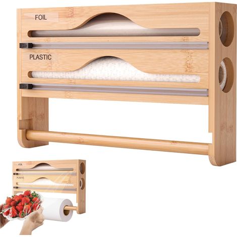 3 in 1 Distributeur Papier Aluminium en Bois, Derouleur Film Alimentaire avec Support de Papier et Coupeur, Distributeur de Film, Distributeur Film Alimentaire pour Restaurant (1/5)