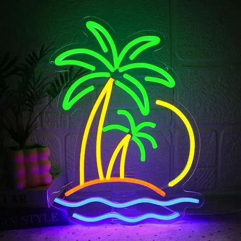 Palmier lumineux LED néon, intensité variable, multicolore, sur plaque acrylique avec tube néon en silicone, USB, 42 x 31 cm (1/5)
