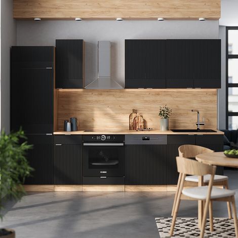 Mueble de cocina Fame-Line, Rayas negras/roble dorado, 300 cm sin encimera, Vicco