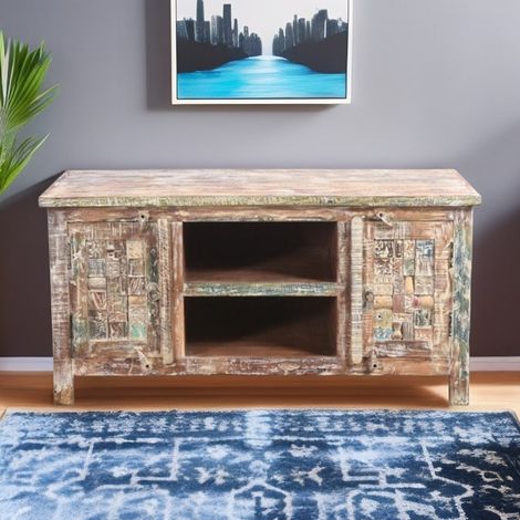 Petit meuble TV en bois recyclé coloré blanchi 120cm LILA - 120x50x60 cm - Kayu Meuble