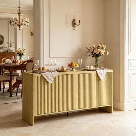 Buffet bas 147x40x77 cm panneau mélaminé effet chêne, portes push sans poignée, 2 espaces avec étagères réglables, meuble de rangement multifonction maison (1/5)