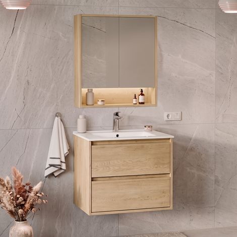 Waschtisch-Set Einzel-Einbauwaschbecken 60 cm und Spiegelschrank Edmé Bois (1/5)