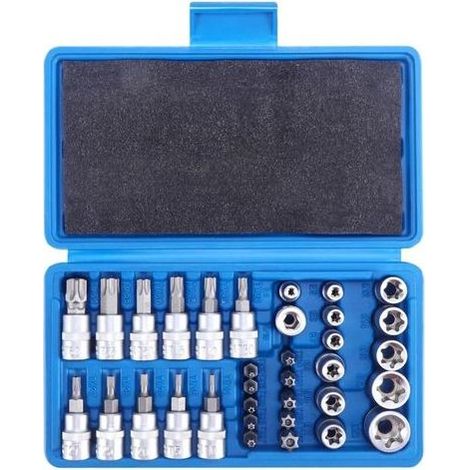 34PCS Jeu de Coffret Douilles Torx, Embout Torx Étoilé T10-T55, Douille Torx Étoile, Jeu de Douilles Torx T10-T60, Jeu de Douilles E E4-E20, Torx Intérieur et Extérieur, Set de Douilles Torx (1/5)