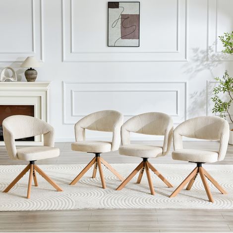 Drehbare Esszimmerstühle, 2er-Set, weißer Cordstoff, Holzbeine HAVRYA (1/5)