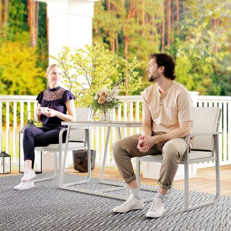 Salon de jardin extérieur 2 personnes, table de jardin extérieure avec 2 chaises, 4 coussins cadre en acier gris (1/5)