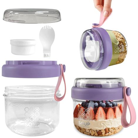 Overnight Oats Jar, Pot Overnight Oat Verre, Bocal Salade Jar avec Bac à Sauce et Cuillère, Bol Muesli à Emporter pour Conserver l’Avoine, le Yaourt, les Fruits, le Petit-Déjeuner, 650 ml, Violet (1/5)