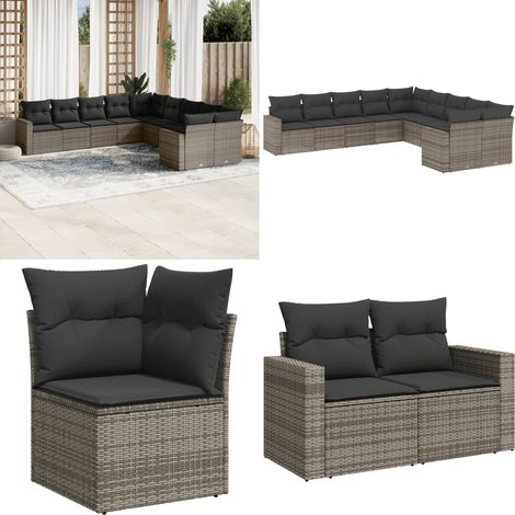 10-tlg. Garten-Sofagarnitur mit Kissen Grau Poly Rattan - Gartengestelle - Gartenmöbelset - Outdoor Möbel - Lounge Set - Rattan Gartenmöbel - Home & Living (1/5)