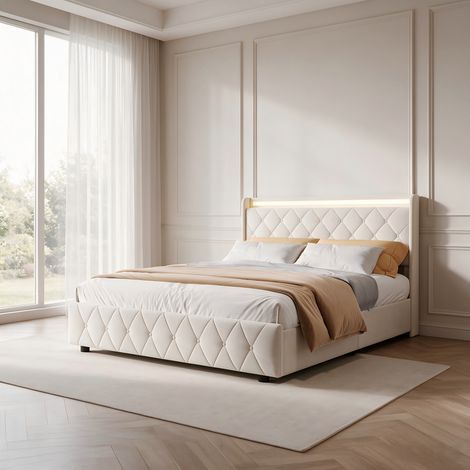Lit 160 x 200 avec sommier, lit 2 places avec LED et USB, lit double avec 4 tiroirs, cadre de lit pour adulte, beige velours (1/5)