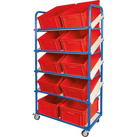 BRB Schrägboden-Regalwagen mit 5 Ebenen, bestückt mit 10 Euroboxen 600x400x220 mm rot (1/3)