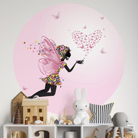 Sticker mural rond / cercle Enfants - Fée coeurs papillons - Diamètre 70 cm - Adhésif + Protection MATE