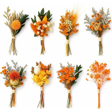 Lot de 8 Mini Bouquets de Fleurs Séchées Naturelles en Tons Orangés, pour Scrapbooking, Mariage et Loisirs Créatifs, Fleurs Séchées pour Décoration DIY Automnale (1/5)