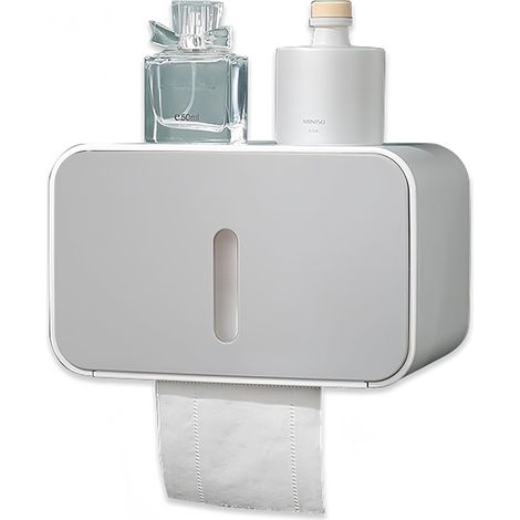 Wandmontierter Toilettenpapierhalter mit Ablagefach, selbstklebend, kein Bohren erforderlich: Badezimmerarmaturen mit wasser- und staubdichter Abdeckung (Grau) (1/4)