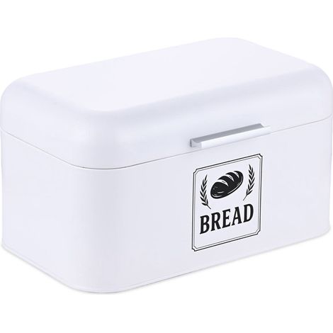 Relaxdays bread bin, bread box with lid & handle, HWD: 16.5x30x19 cm, bread storage, retro style, metal, white