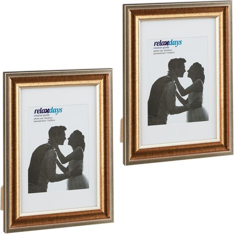 Relaxdays Bilderrahmen 2er Set, 20x30 cm, Hoch- & Querformat, Fotorahmen zum Aufhängen, Hinstellen, Passepartout, gold