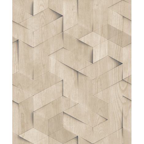Papier peint géométrique 3D bois clair naturel