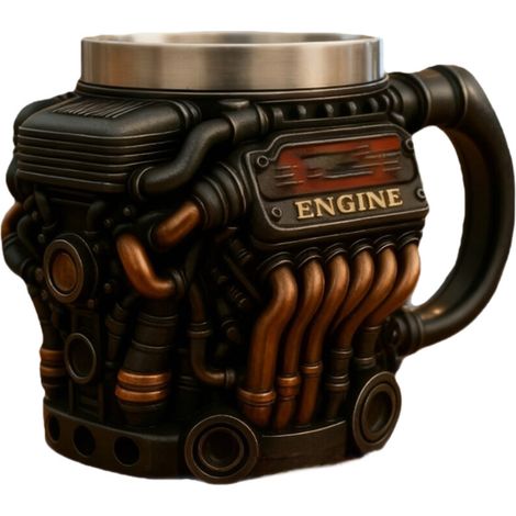 Taza de café con diseño de motor y revestimiento de acero detallado. (1/2)