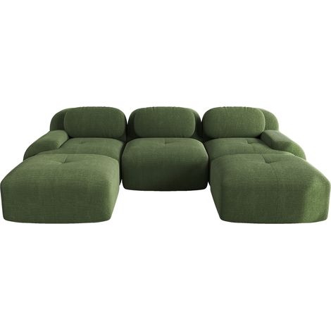 Divano modulare a U in tessuto effetto velluto verde, senza montaggio, 298x178x70 cm (1/5)