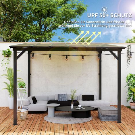 Pergola en acier 3x3 m, abri de jardin avec toit imperméable, autoportant, anti-vent et anti-UV, gris anthracite