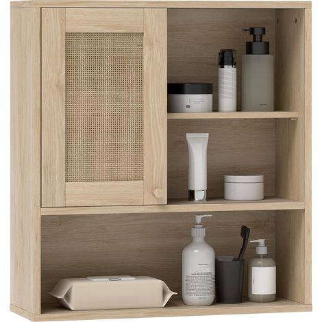 Armoire murale, meuble haut salle de bain avec porte coulissante en rotin et étagères ouvertes, bois naturel (1/5)