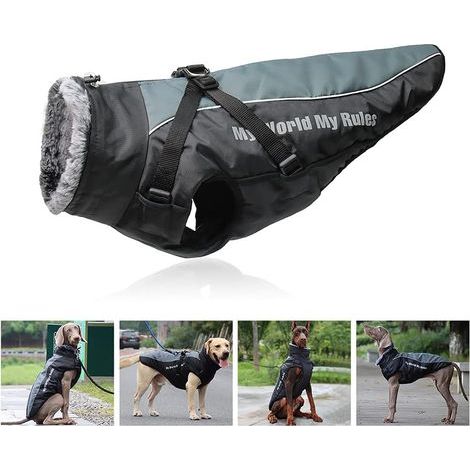 Wendbarer, reflektierender Plüsch-Hundemantel mit abnehmbarem Geschirr und umklappbarem Pelzkragen zum Schutz vor Erstickung bequemes Kleidungsstück für mittelgroße und große Hunde bis Größe 4XL (1/5)