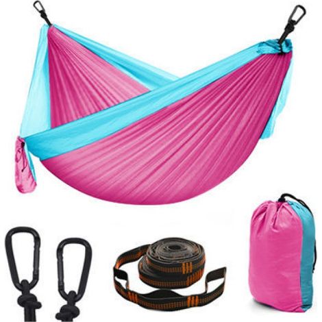 Hamac d'extérieur portable en nylon pour 2 personnes avec sangles d'arbre et mousquetons en alliage d'aluminium (270 x 140 cm). (1/5)